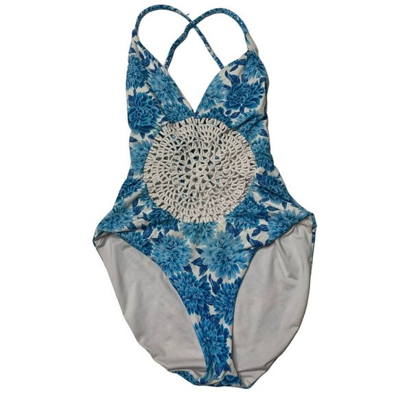 Frankies Bikinis Blue White Floral Crochet Poppy One Piece Swimsuit - Picture 3 of 6